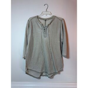 Seven7 Womens Waffle Knit Lace Up V-Neck Tunic Top Olive Green 3/4 Sleeve Large